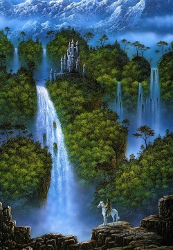 ファンタジー Painting - 滝の下のダニー・フリン・ライダー ファンタジー